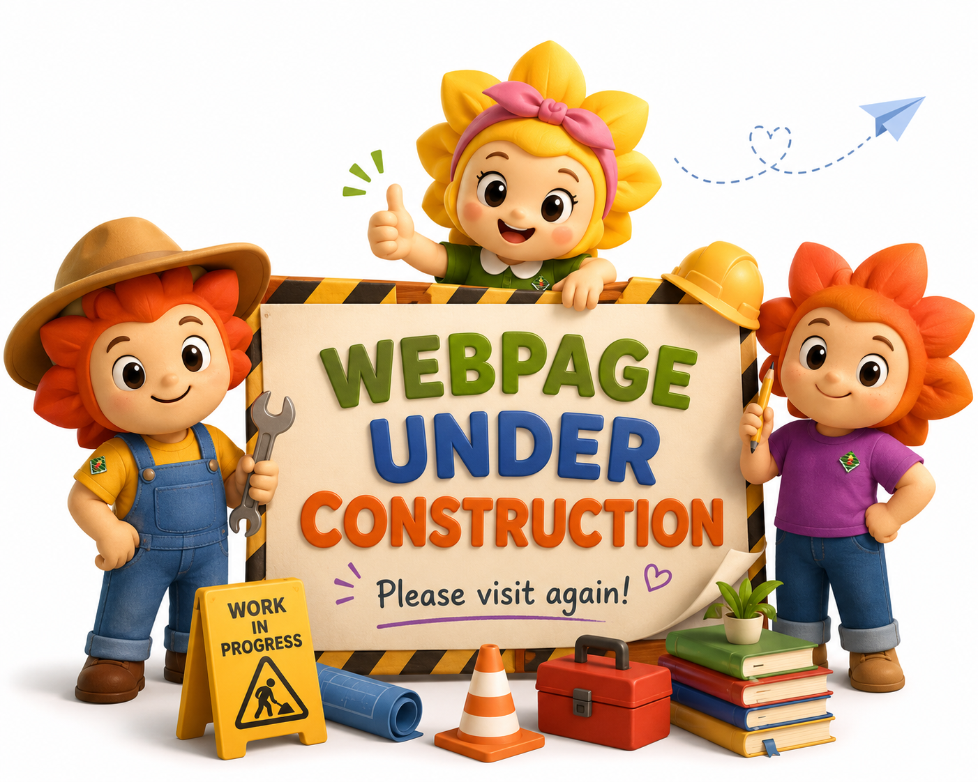 Three cartoon kids hold a sign reading WEBPAGE UNDER CONSTRUCTION, with tools, cone, and work notice.